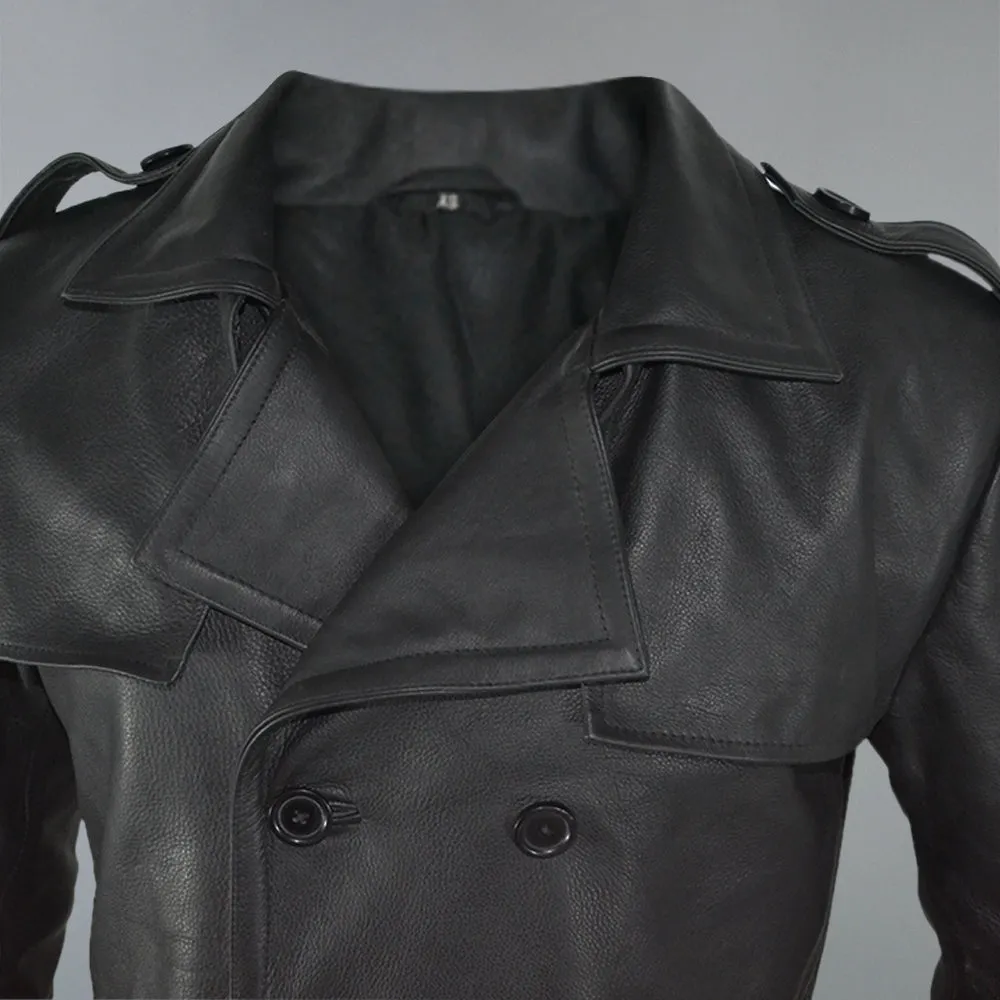 Mens Belted Black Trench Genuine Leather Coat With Lapel Collar