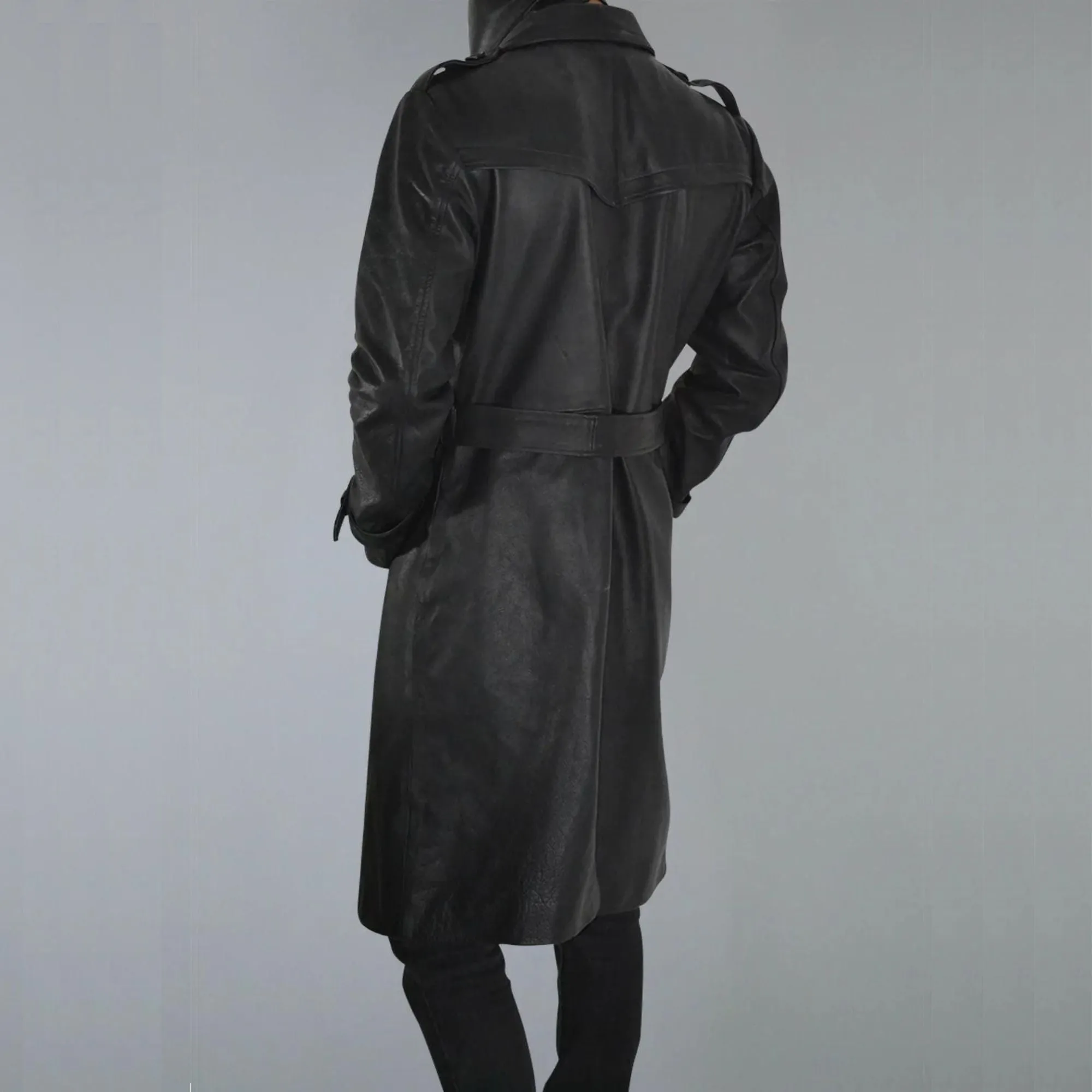 Mens Belted Black Trench Genuine Leather Coat With Lapel Collar