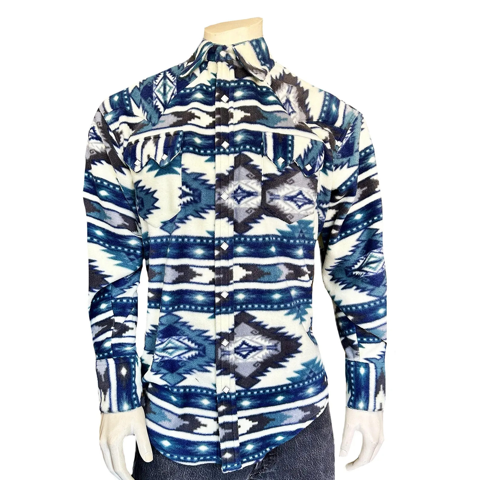 Men's Native Pattern Fleece Western Shirt in Blue & Navy