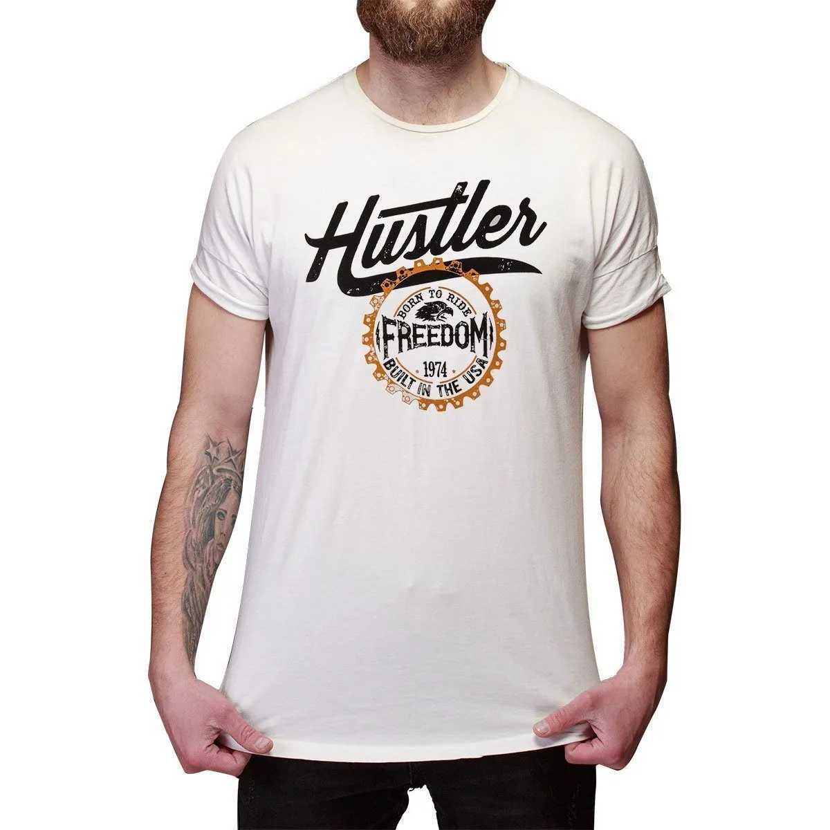 Men's Officially Licensed Hustler HST-540 'Born to Ride Freedom' White T-Shirt