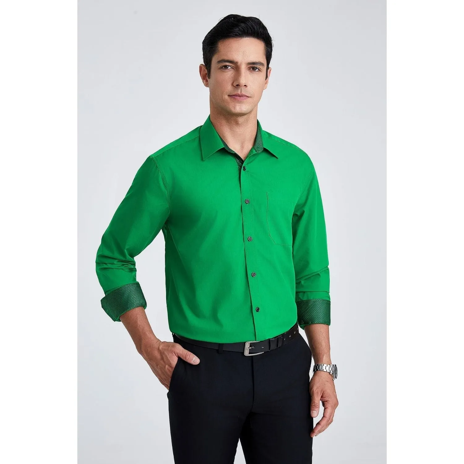 Men's Patchwork Dress Shirt with Pocket - HUNTER GREEN