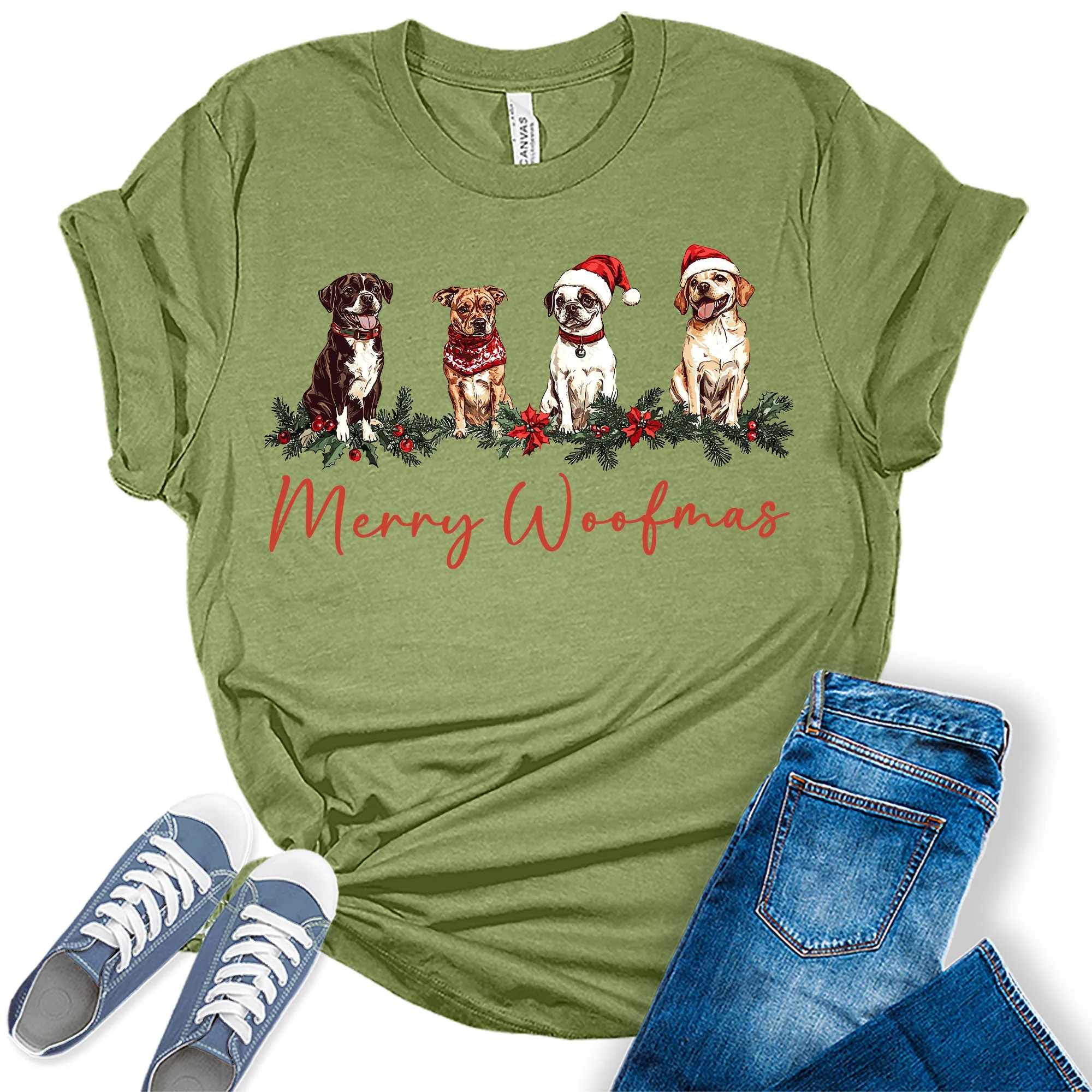 Merry Woofmas Cute Christmas Dog Shirt Festive Holiday Graphic Tees