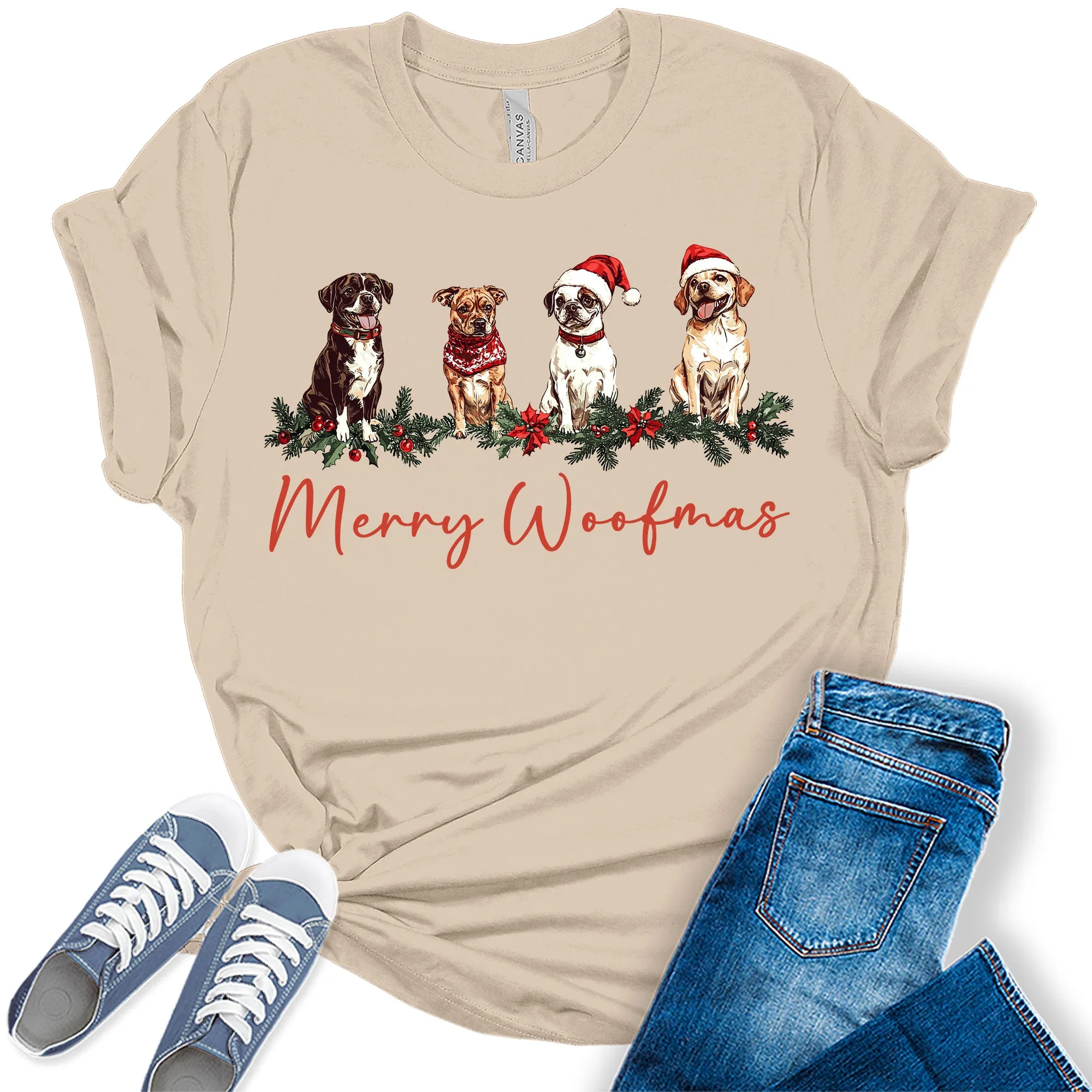 Merry Woofmas Cute Christmas Dog Shirt Festive Holiday Graphic Tees