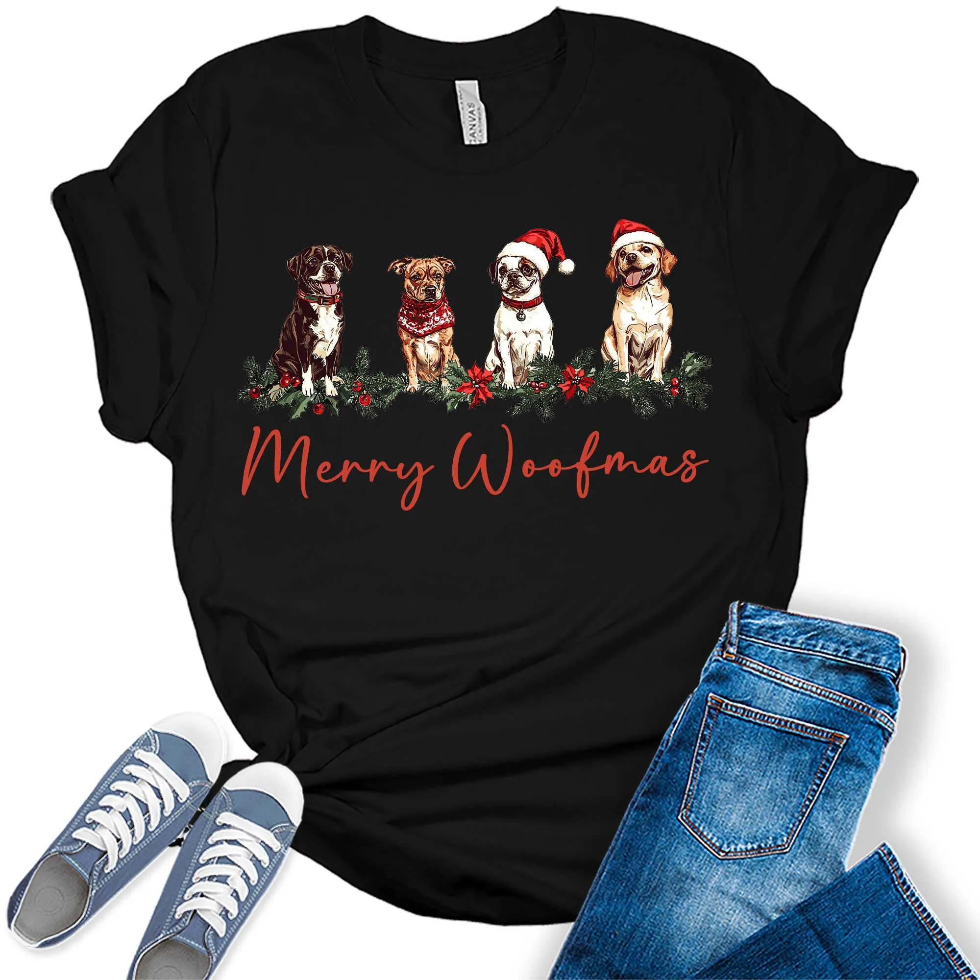 Merry Woofmas Cute Christmas Dog Shirt Festive Holiday Graphic Tees