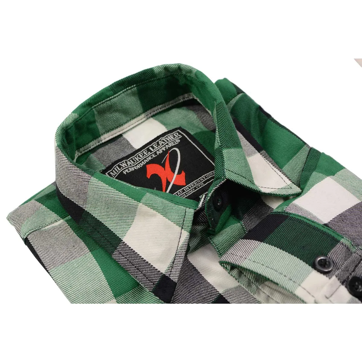 Milwaukee Leather Men's Flannel Plaid Shirt Green and White Long