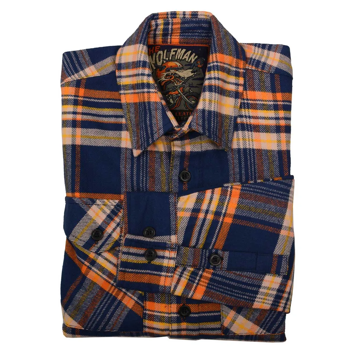 Milwaukee Leather MNG11700 | Men's 'The Wolfman' Blue/Orange Long Sleeve 10.5-Oz Heavy-Duty Cotton Flannel Shirt