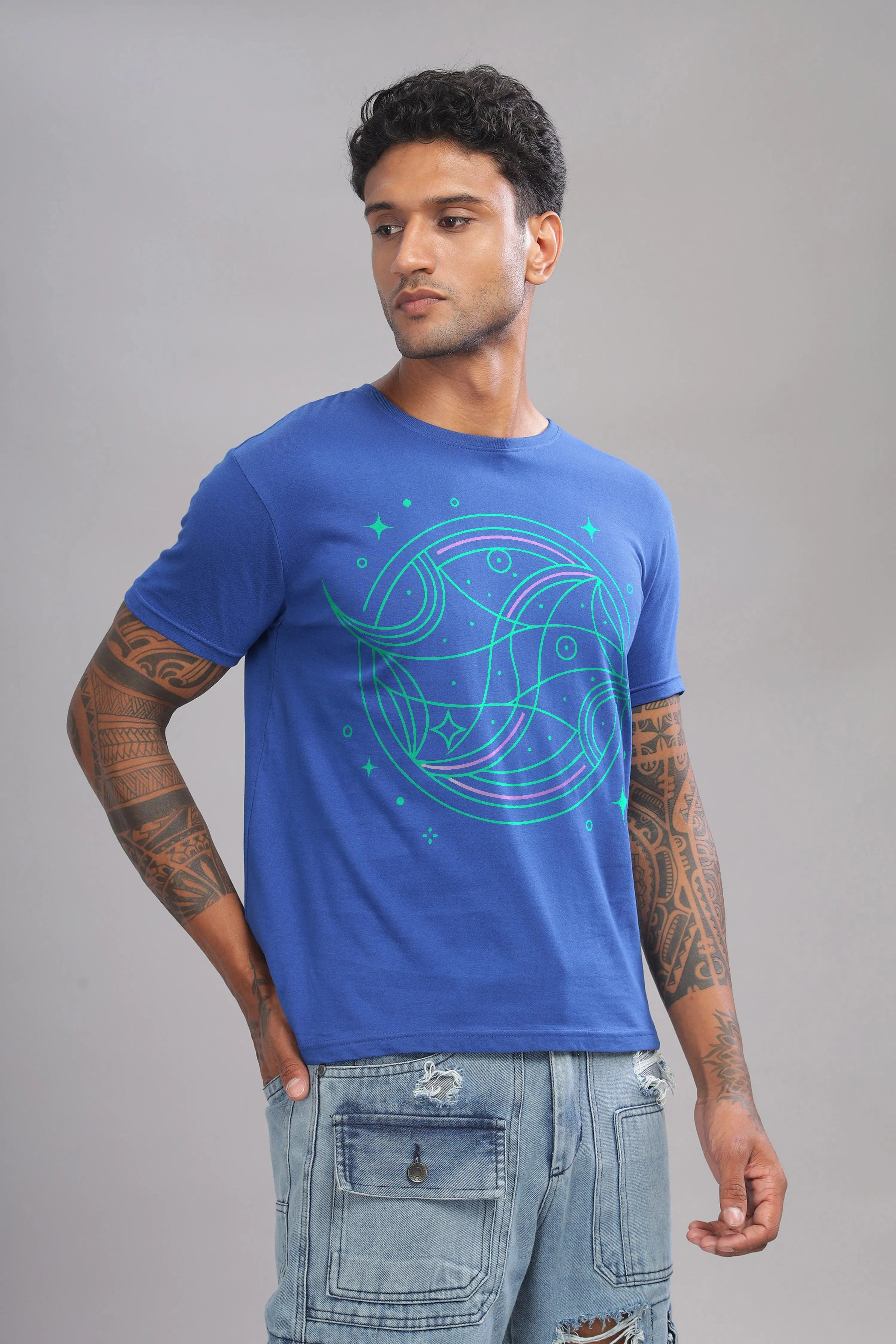 Peaceful Piscean Royal Blue Half Sleeve Printed Round Neck T-Shirt