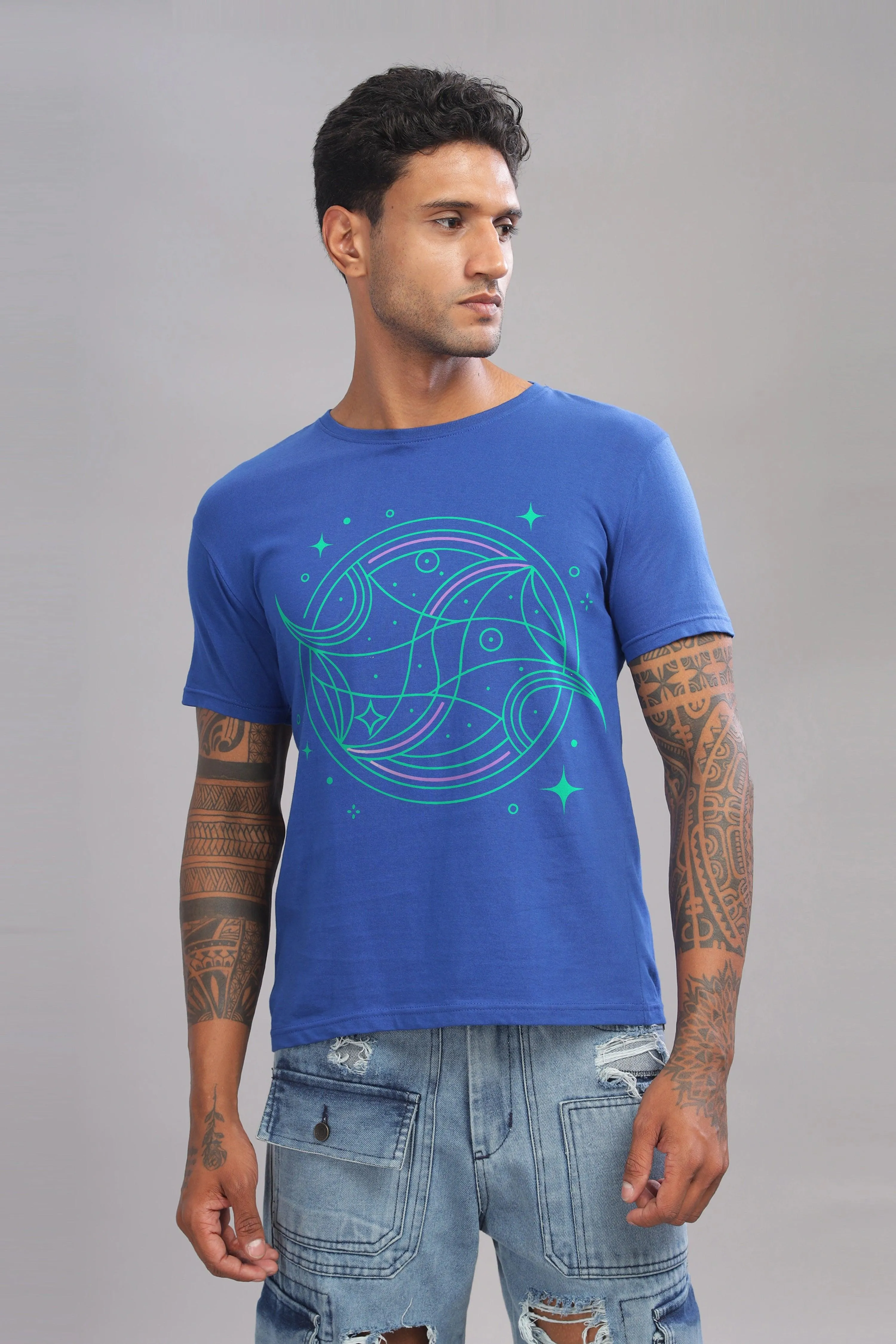 Peaceful Piscean Royal Blue Half Sleeve Printed Round Neck T-Shirt