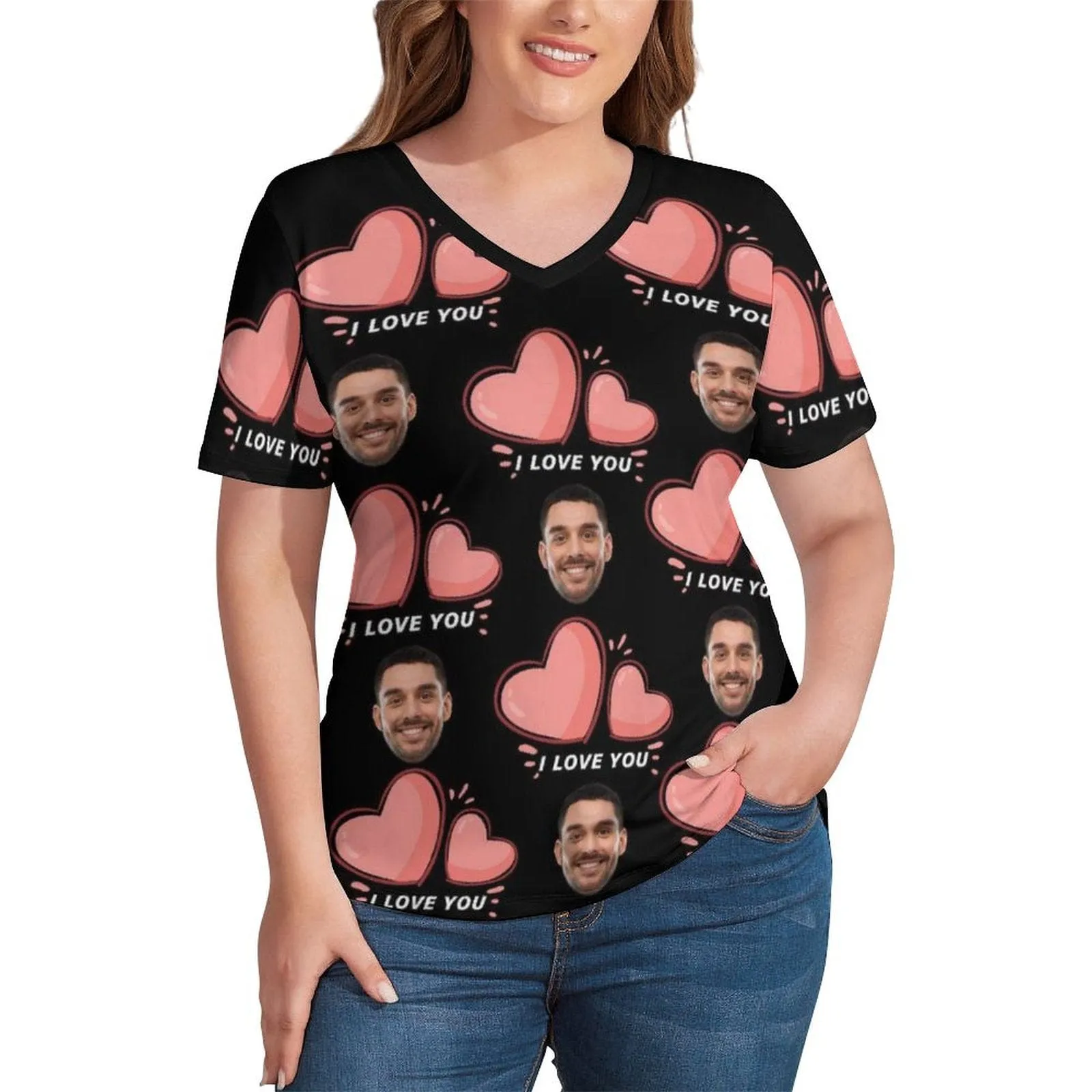 #Plus Size T-shirt-Custom Face Pink Love Plus Size V Neck T-shirt for Her Print Your Own Face on Shirt