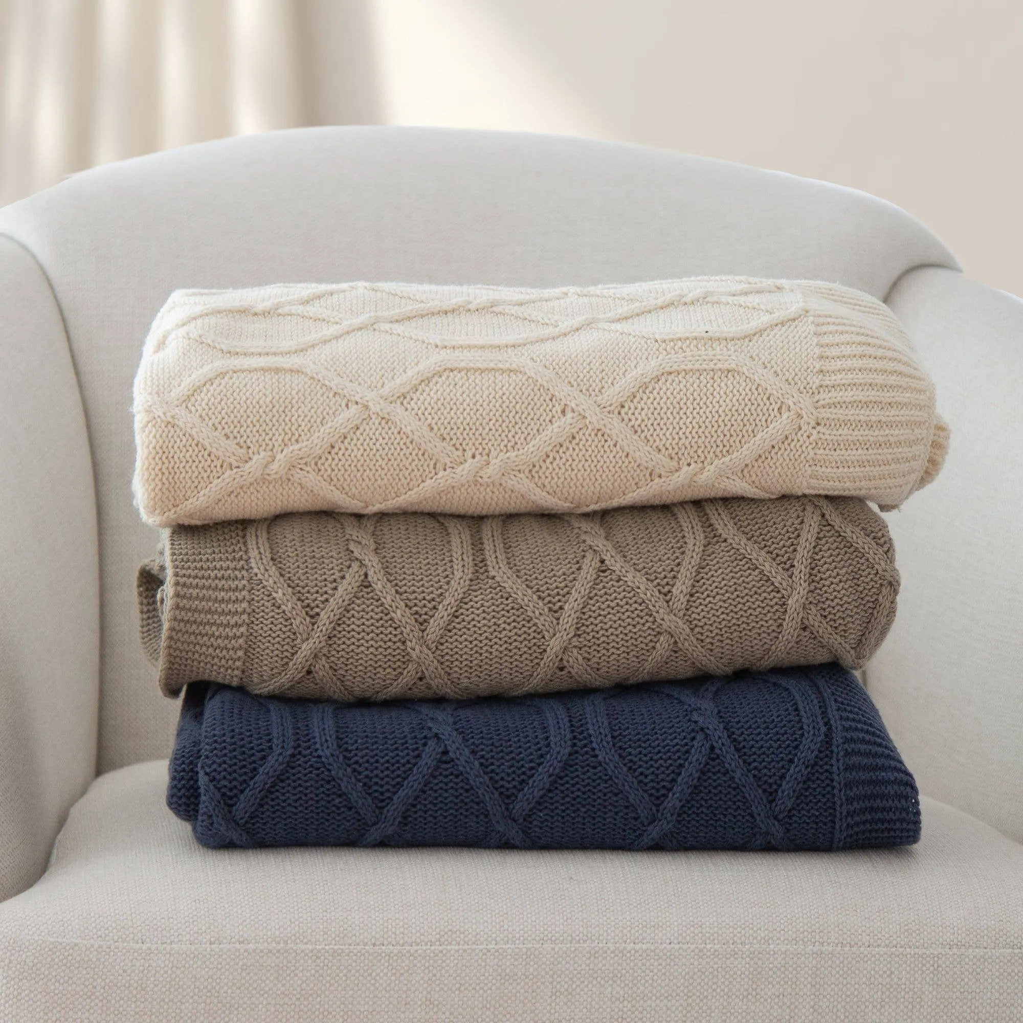 Quinn Chunky Diamond Knit Cotton Throw: Denim