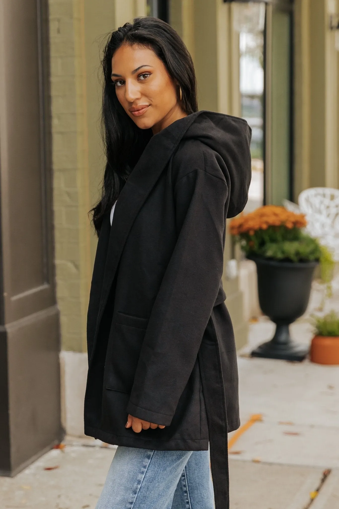 Sophisticated Black Tie Hooded Coat - DOORBUSTER