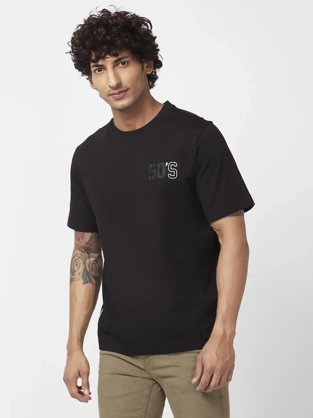 Spykar Men Black Cotton Comfort Fit Half Sleeve Round Neck Plain Tshirt