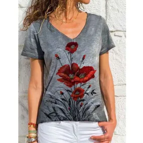 Summer V-neck printed short-sleeved T-shirt