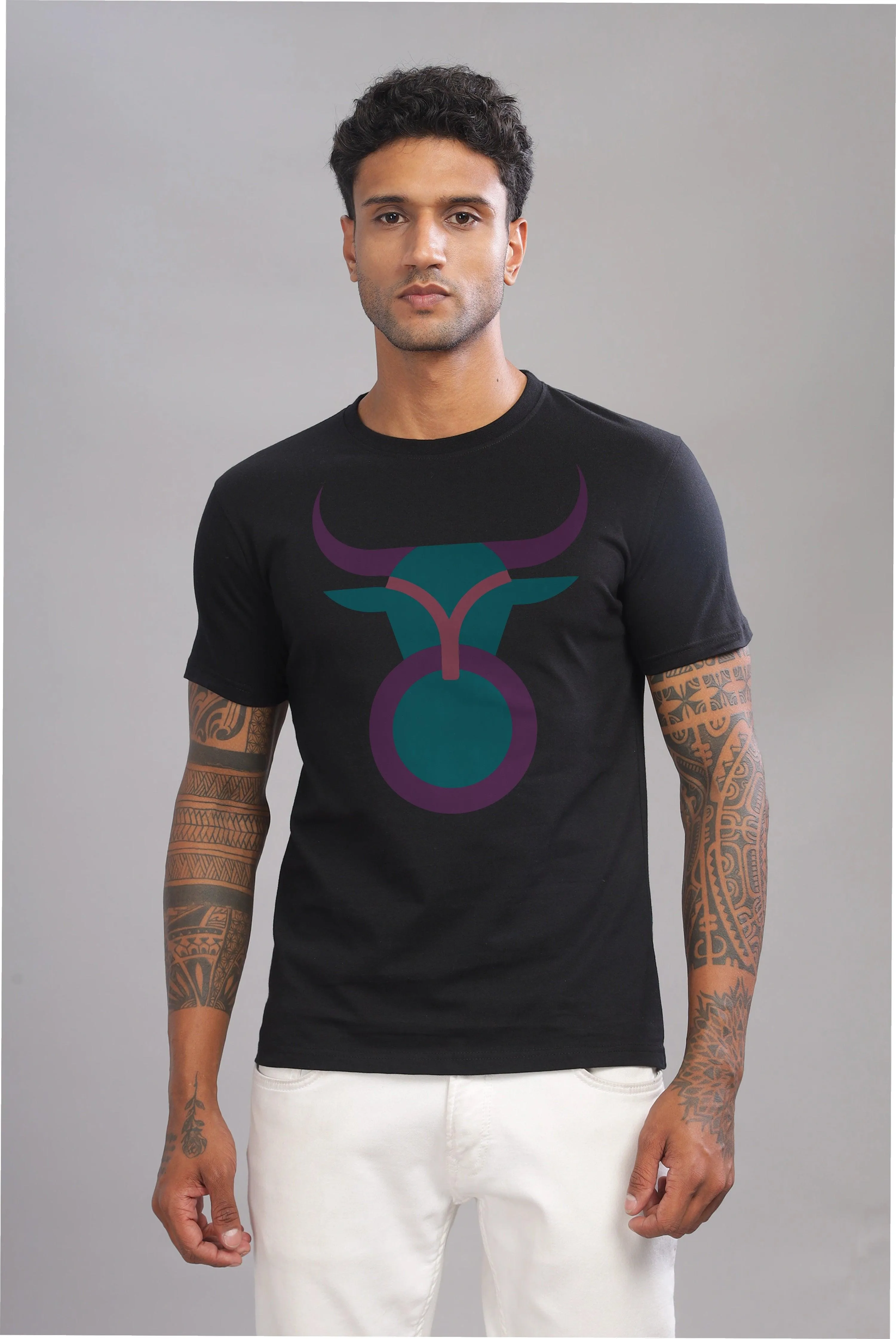 Trendy Taurus Black Half Sleeve Printed Round Neck T-Shirt