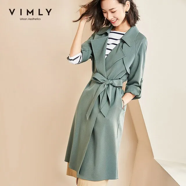 Vimly 2020 Autumn Winter Women Vintage Trench Coat Fashion Lapel Loose Solid Long Sleeve Belt Elegant Female Long Jacket 98810