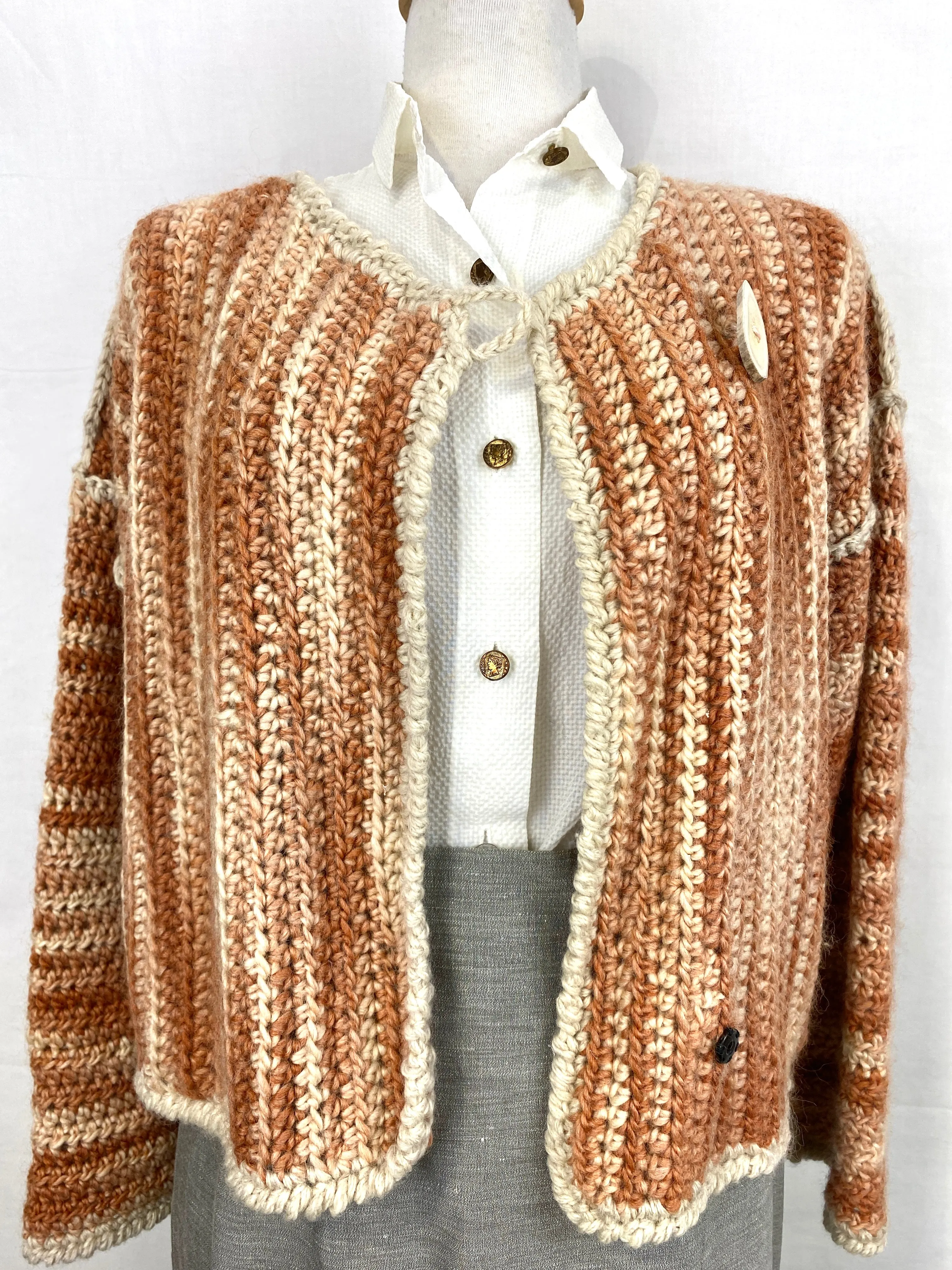 Vintage Handknit Chunky Orange Variegate Cardigan with Wood Button, Large