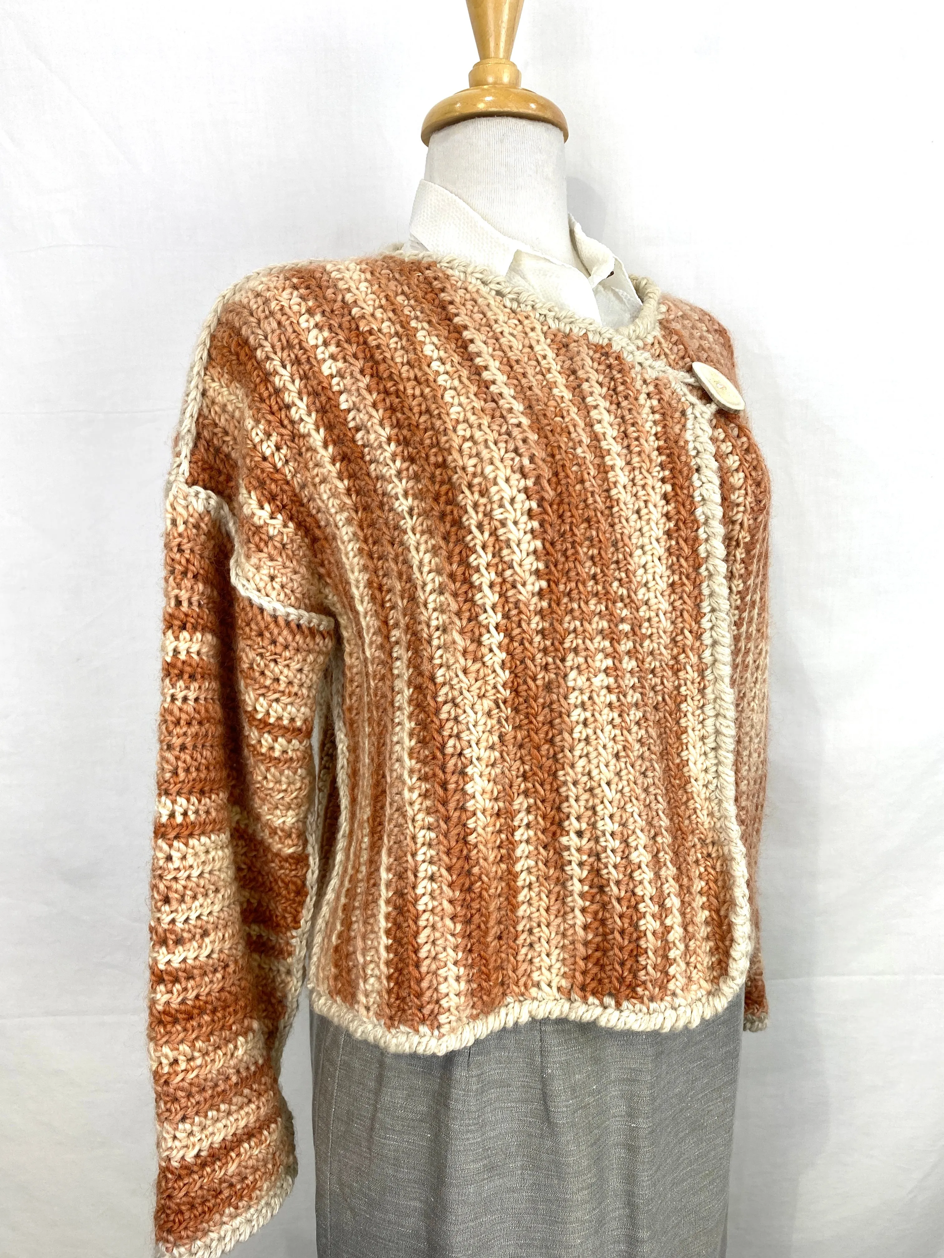 Vintage Handknit Chunky Orange Variegate Cardigan with Wood Button, Large