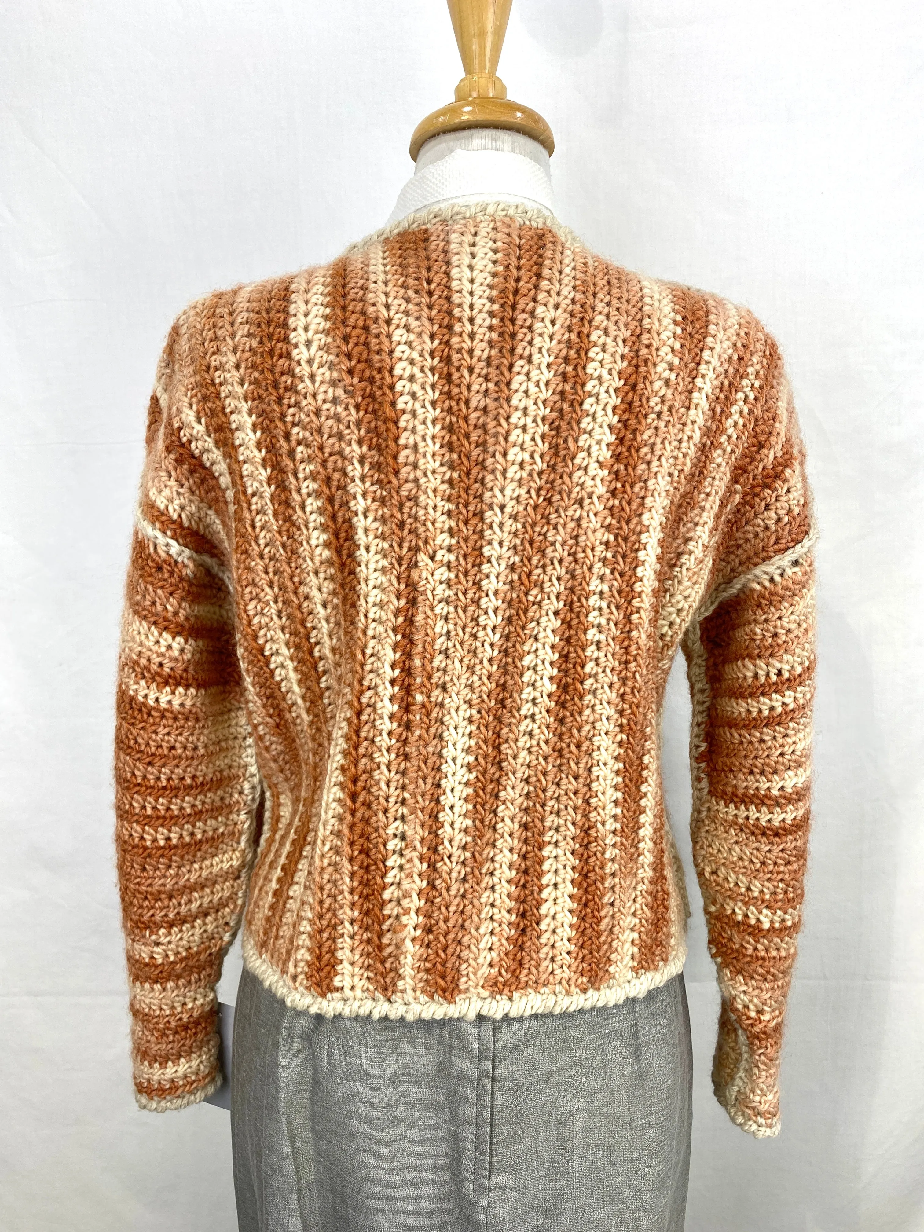 Vintage Handknit Chunky Orange Variegate Cardigan with Wood Button, Large