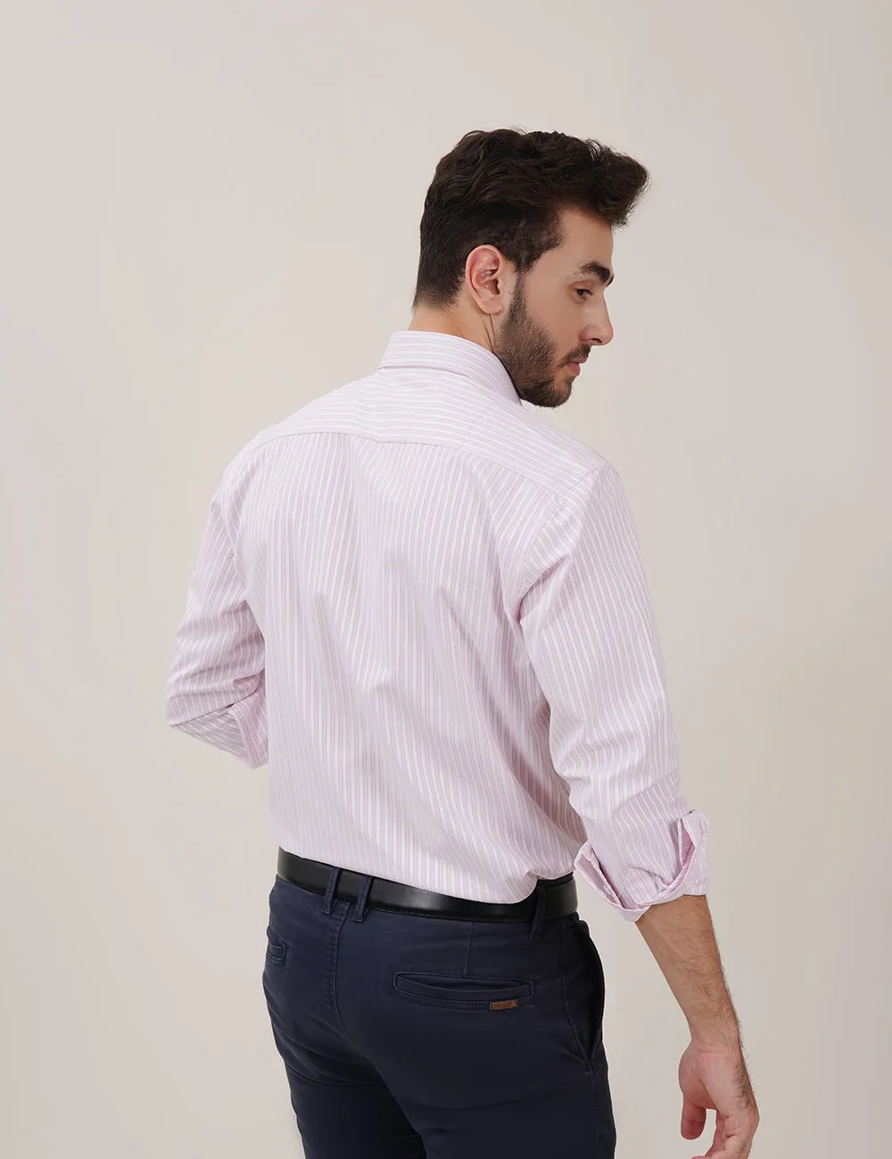 White & Pink Striped Dress Shirts with Self-Design