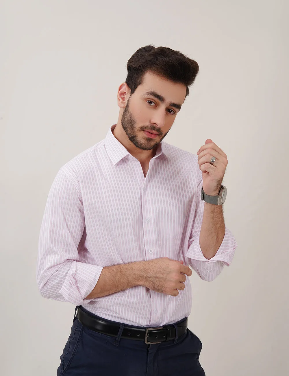 White & Pink Striped Dress Shirts with Self-Design