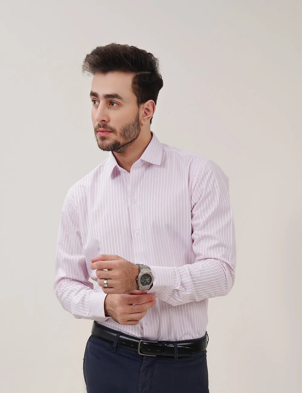 White & Pink Striped Dress Shirts with Self-Design