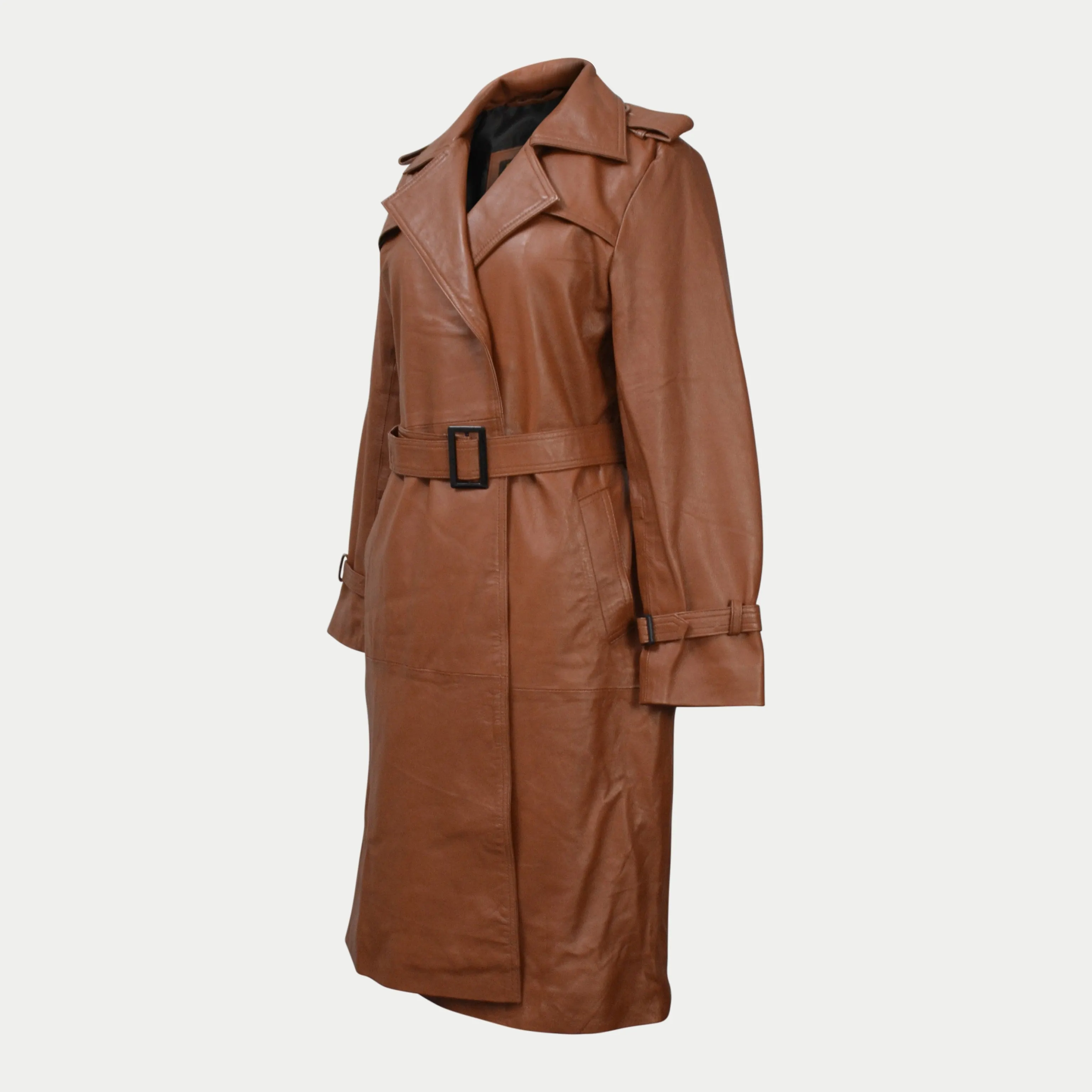 Women Brown Belted Mid-Length Genuine Leather Trench Coat