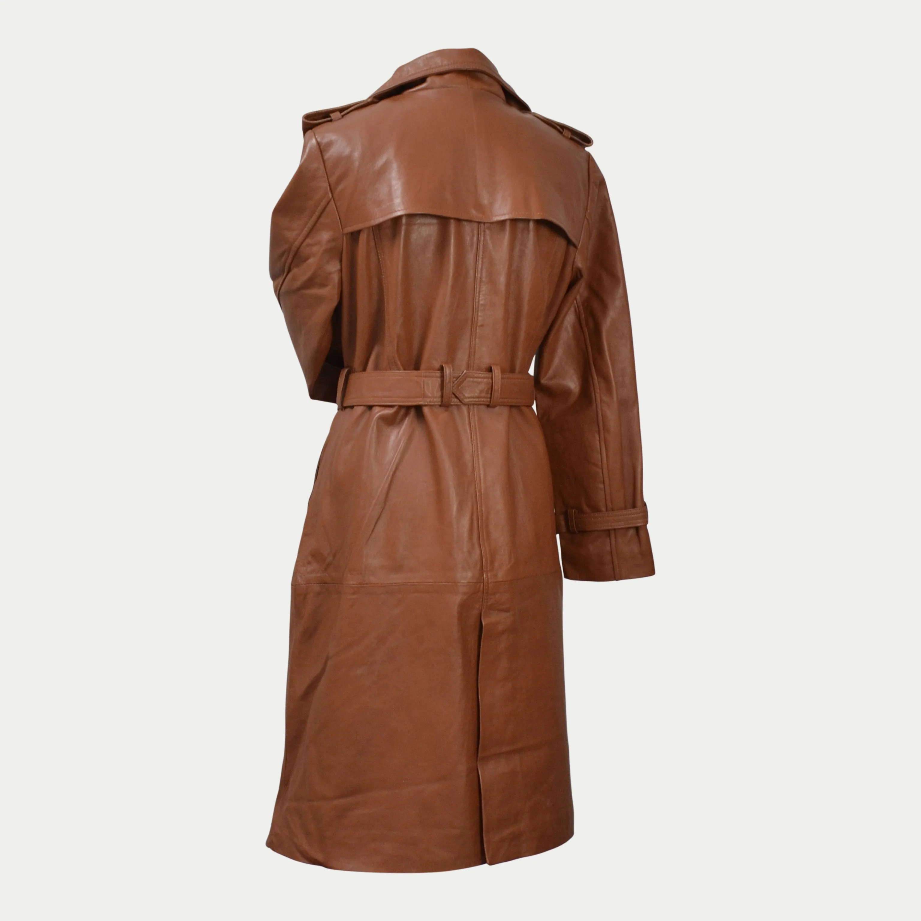 Women Brown Belted Mid-Length Genuine Leather Trench Coat