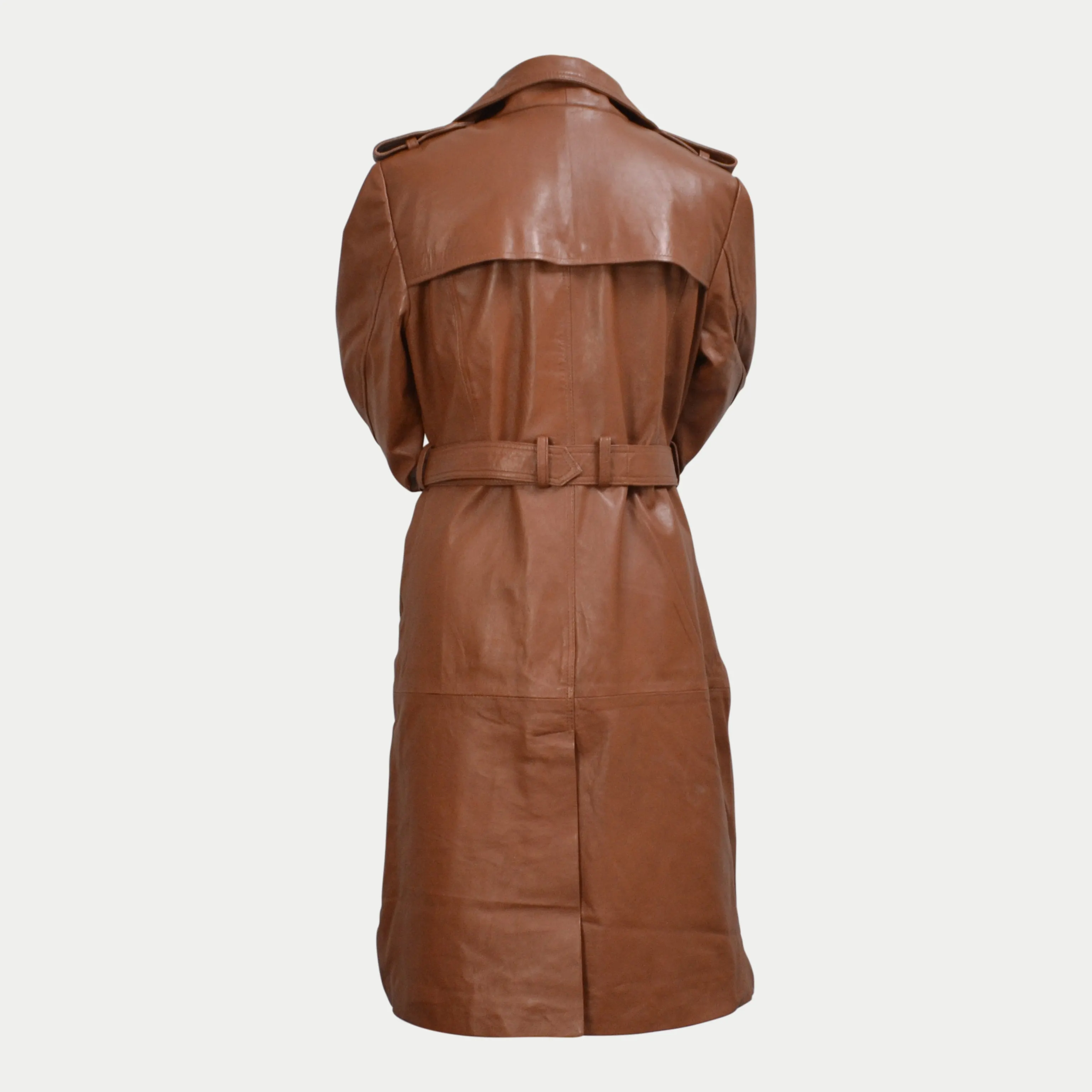 Women Brown Belted Mid-Length Genuine Leather Trench Coat