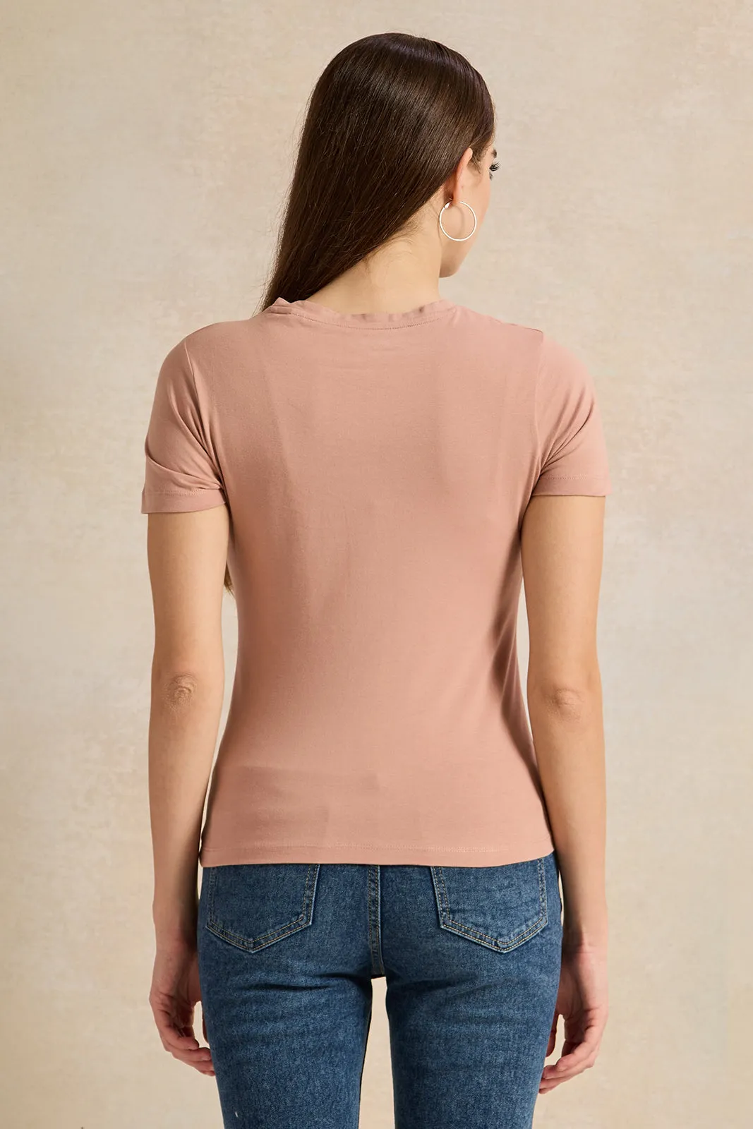 Women Pink Basic Crew Neck T-Shirt