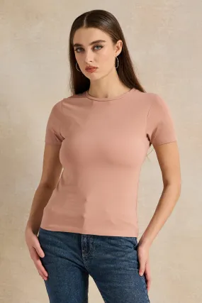 Women Pink Basic Crew Neck T-Shirt