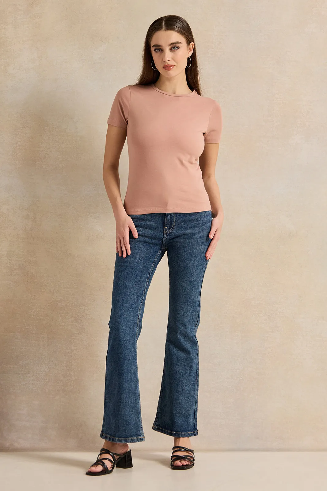 Women Pink Basic Crew Neck T-Shirt