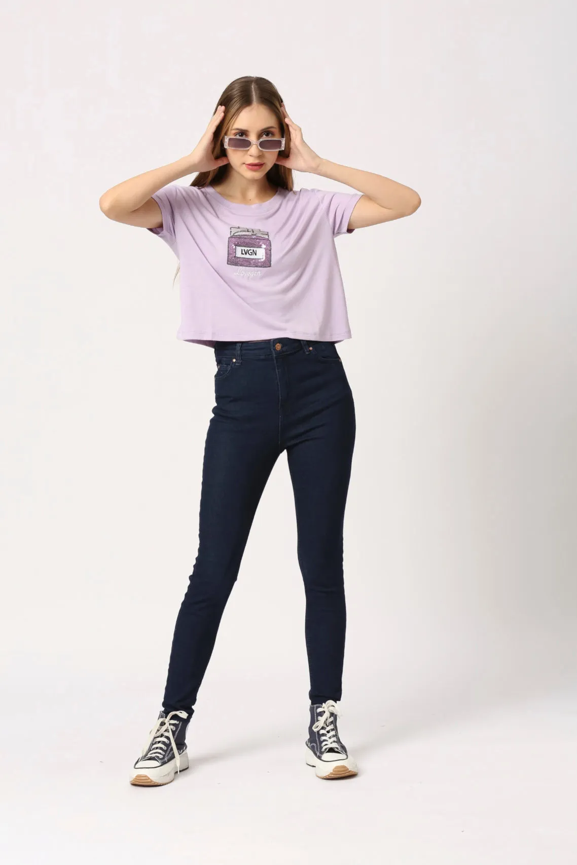 Women Purple Opal Round Neck Short Sleeve Crop Printed T-Shirt