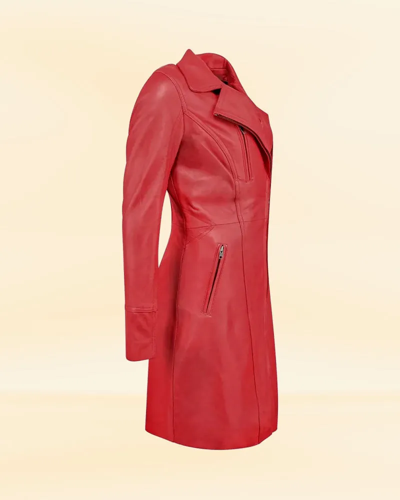 Women's Red Leather Coat | Women Long Coat