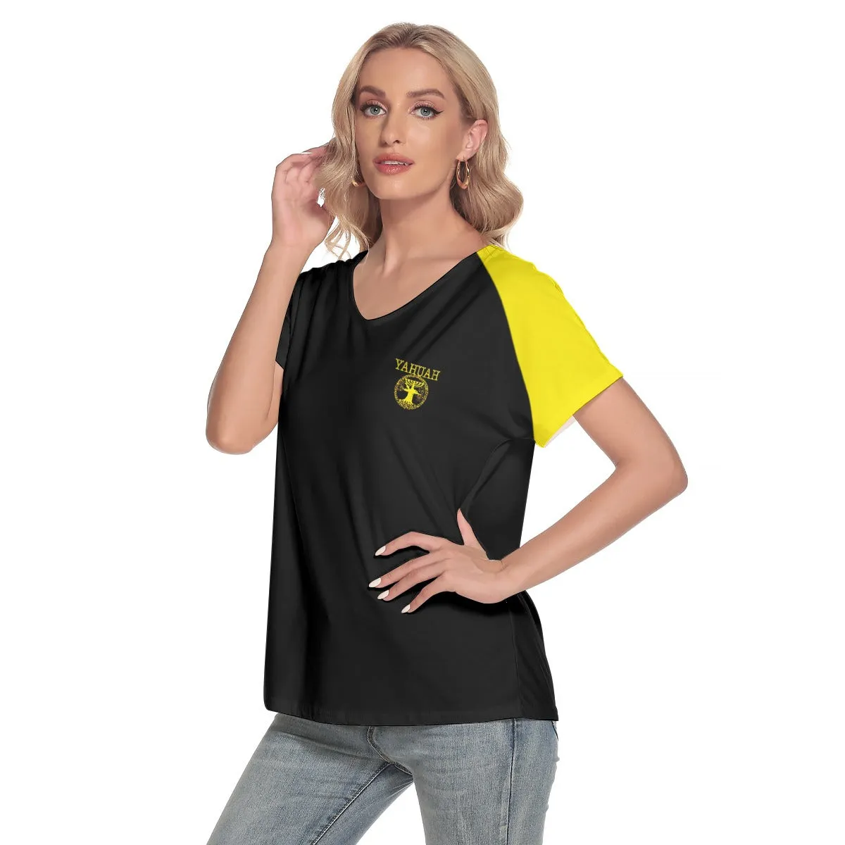 Yahuah-Tree of Life 02-01 Ladies Designer V-neck Loose Fit T-shirt